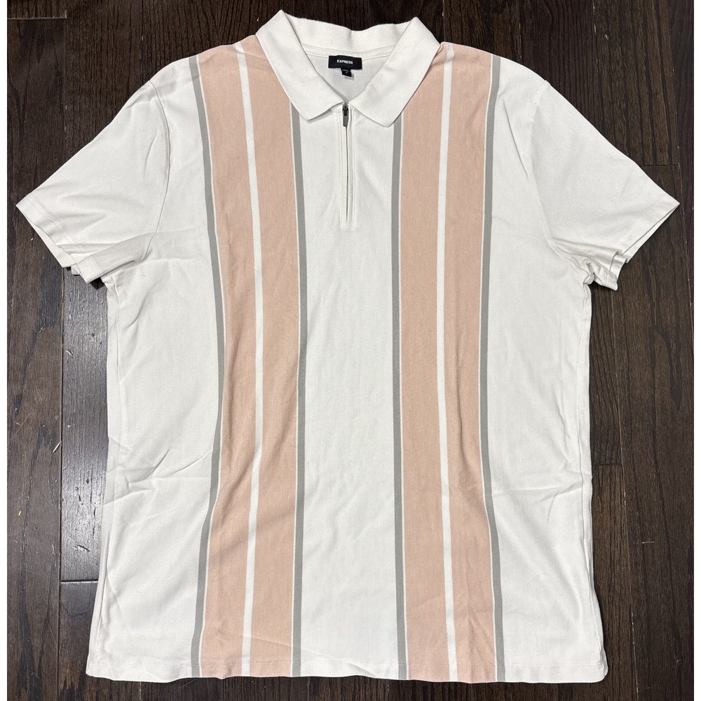 Express Mens Knit Polo Shirt White & Beige 1/4 Zip Short Sleeve Striped Print XL